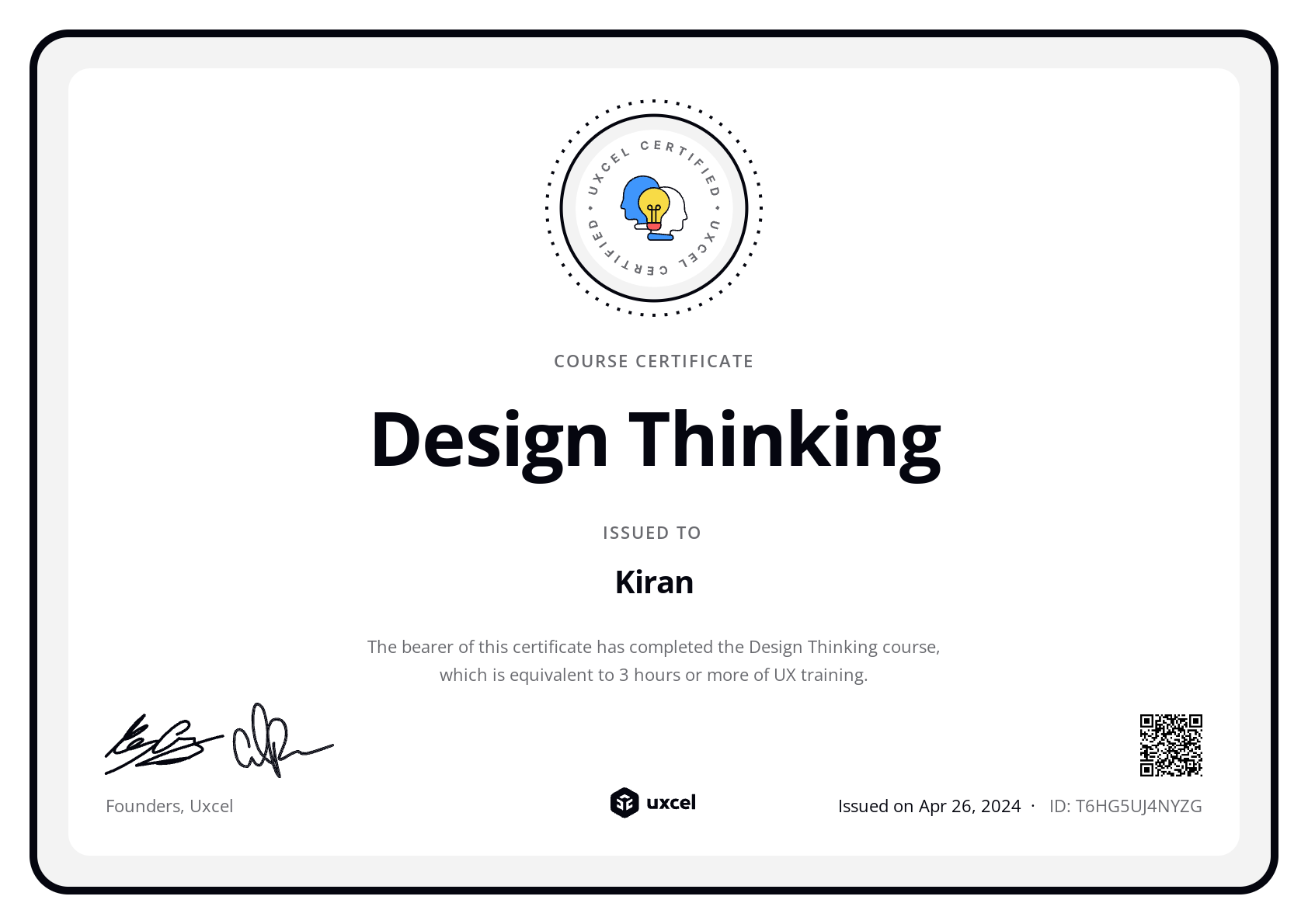 Kiran's certificate
